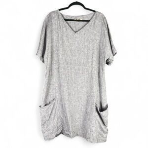 Flax Linen Gray Dress M Lagenlook Boho Minimalist Loose Fit Short Sleeve Pockets